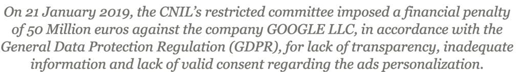 Multa del CNIL a Google per violazione del GDPR